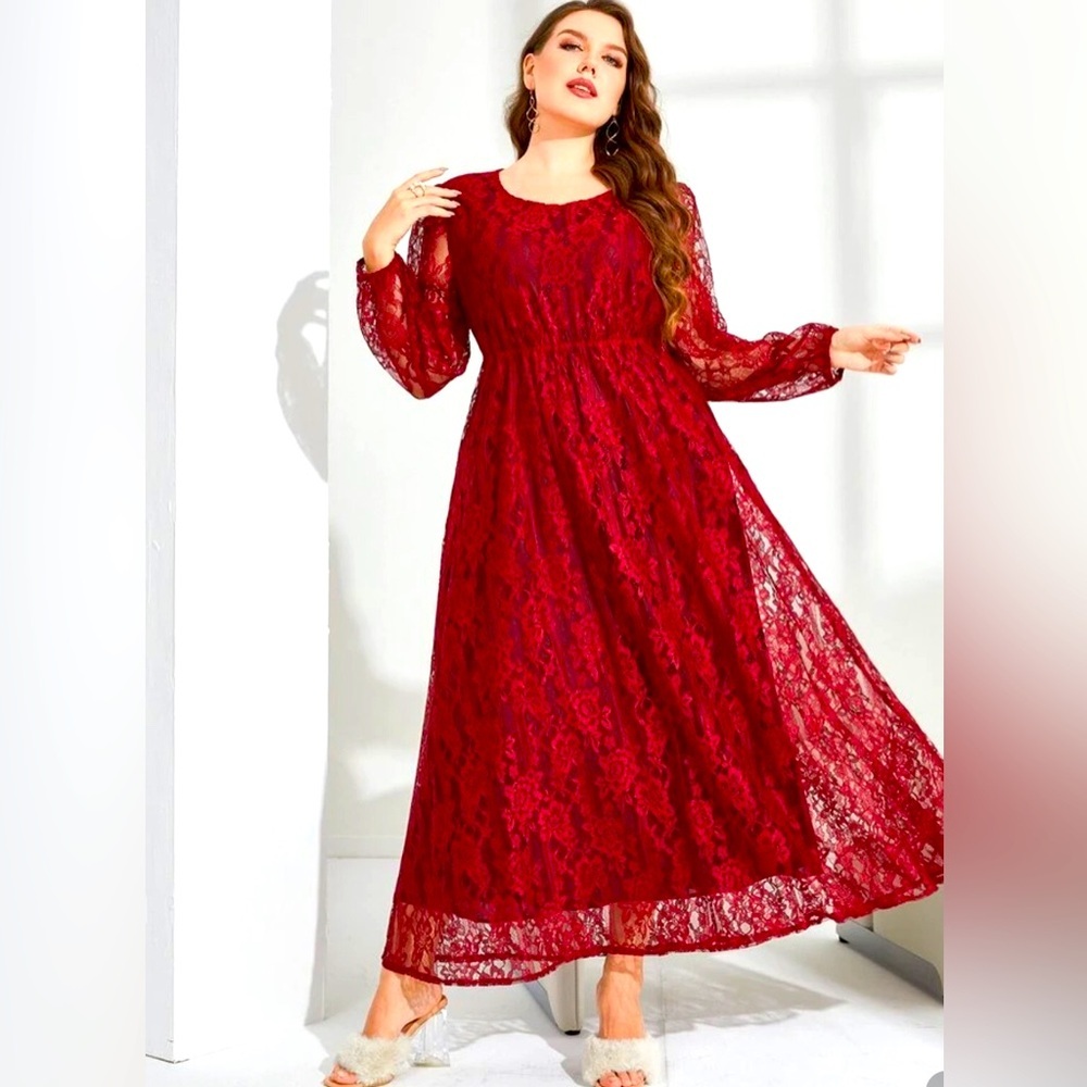 TrendsModelyn 3X Burgundy Red  Lantern Sleeve Lace Dress